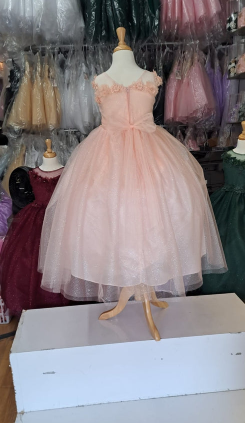 Big Girls Blush Illusion Neckline Floral Applique Glitter Tulle Dress 8-16 - SophiasStyle.com